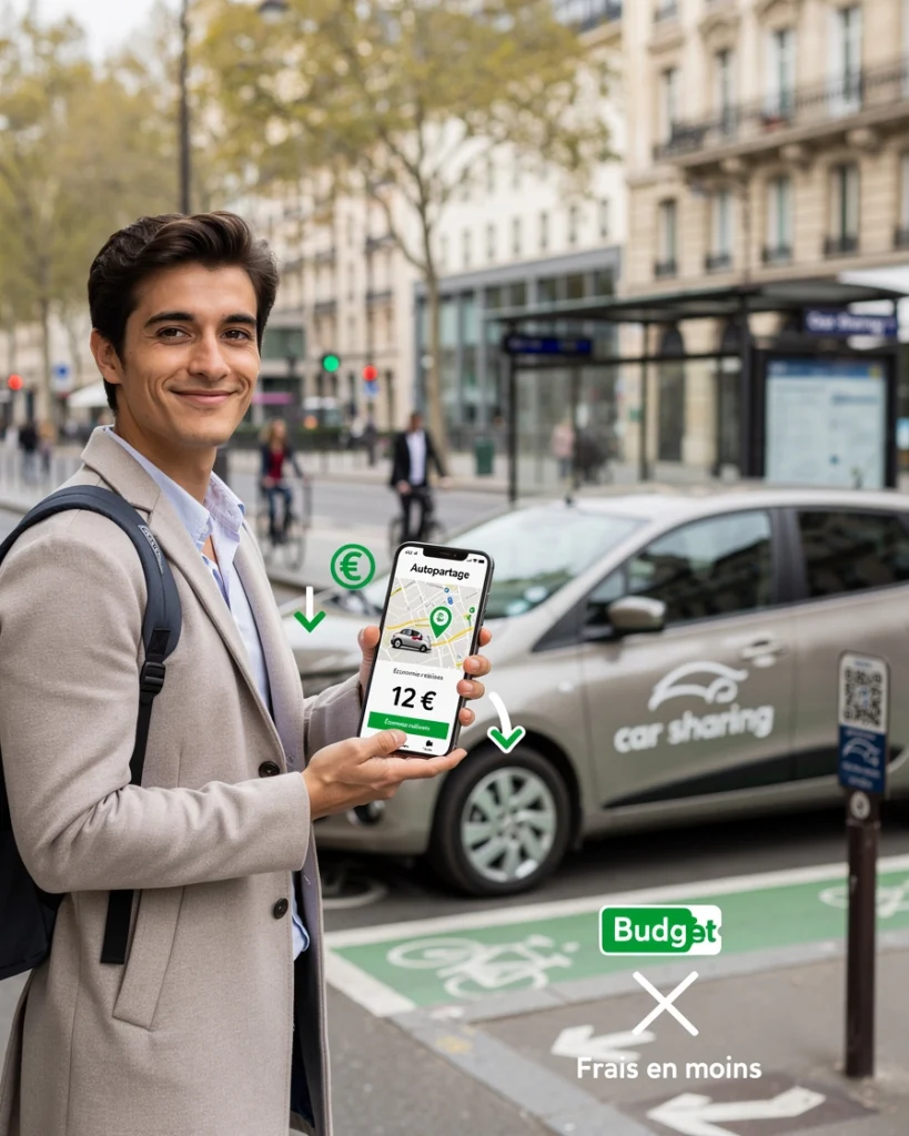 Un homme tient son téléphone dans les mains et s'apprête à faire un autopartage de véhicule
