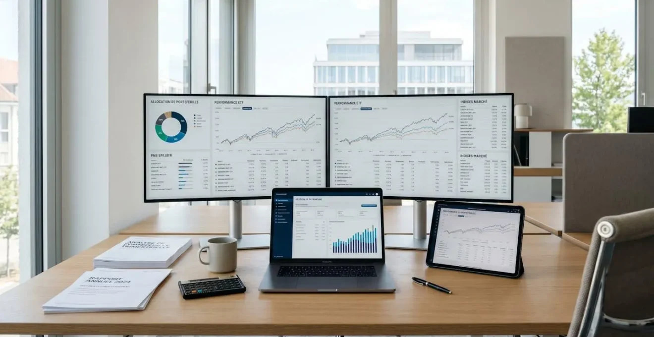 Bureau moderne de conseiller financier avec écrans affichant des graphiques de performance d'ETF et documents d'allocation de portefeuille sur une surface épurée
