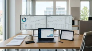Bureau moderne de conseiller financier avec écrans affichant des graphiques de performance d'ETF et documents d'allocation de portefeuille sur une surface épurée