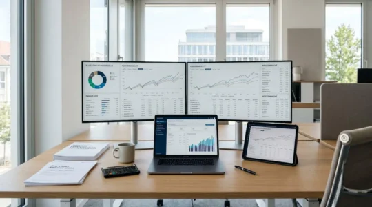 Bureau moderne de conseiller financier avec écrans affichant des graphiques de performance d'ETF et documents d'allocation de portefeuille sur une surface épurée