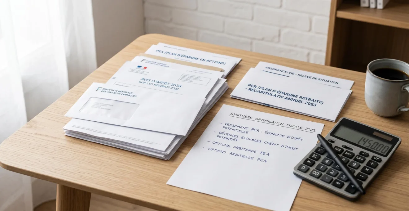 Documents officiels français PER, assurance-vie et PEA organisés en piles sur surface blanche avec feuille récapitulative et calculatrice
