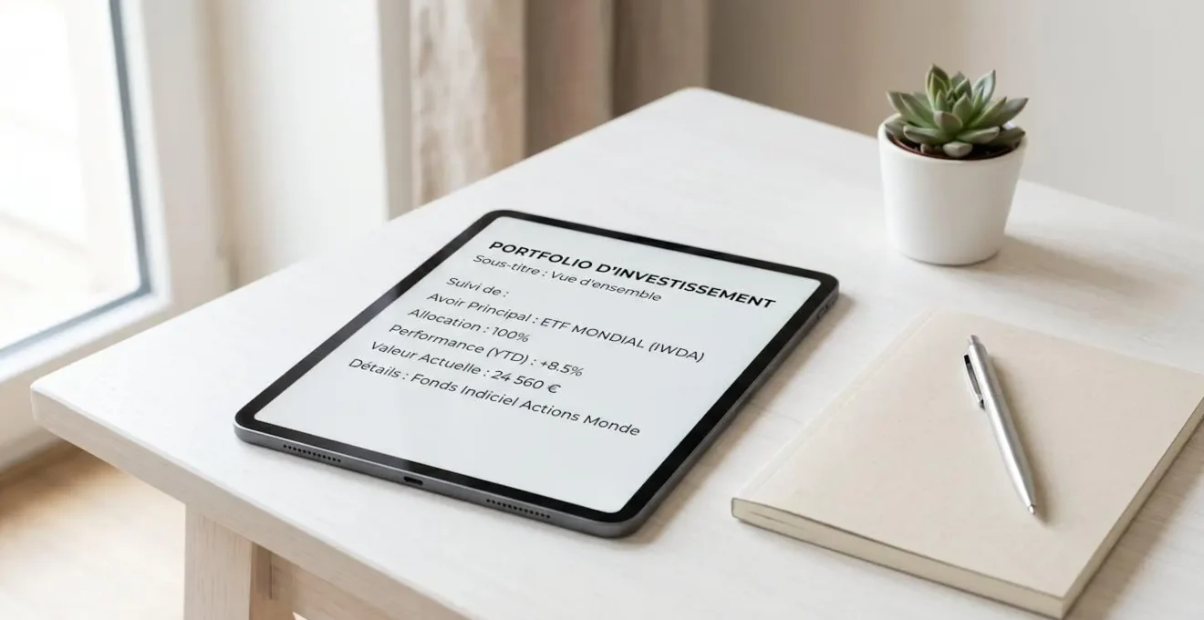 Interface de tablette montrant un portefeuille simple avec un seul ETF monde sur une surface épurée avec carnet et stylo