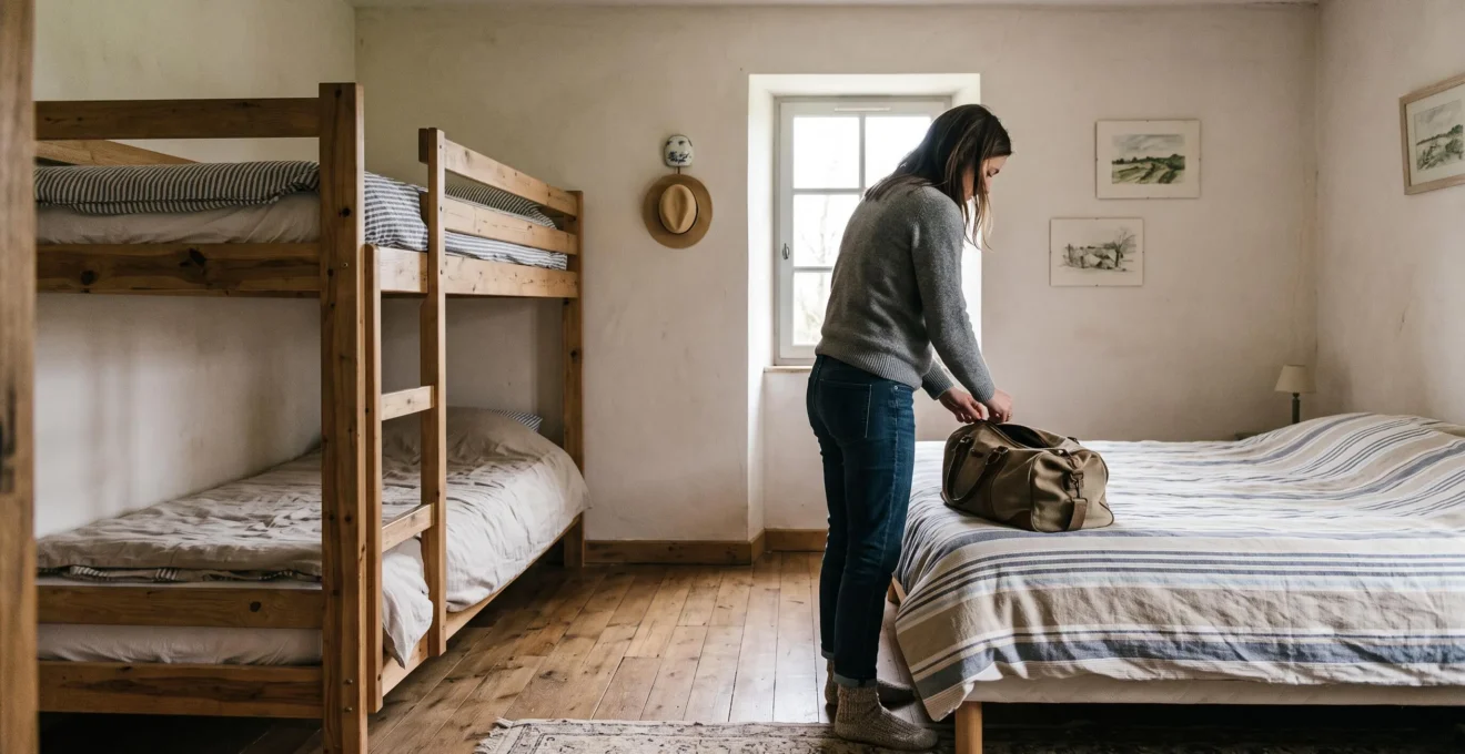 Chambre de location saisonnière avec lits superposés et lit double montrant la configuration réelle de couchage pour un groupe