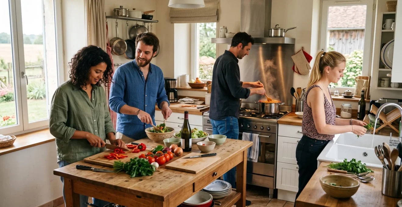 Groupe d'amis préparant ensemble un repas dans la cuisine équipée d'une location saisonnière