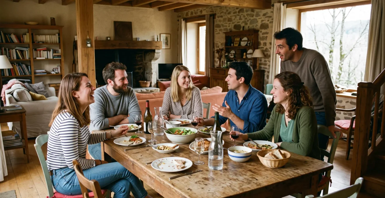 Groupe d'amis rassemblés autour d'une grande table dans le salon d'une location saisonnière pendant un repas partagé