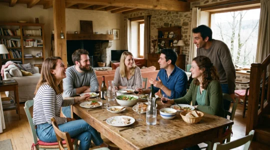 Groupe d'amis rassemblés autour d'une grande table dans le salon d'une location saisonnière pendant un repas partagé
