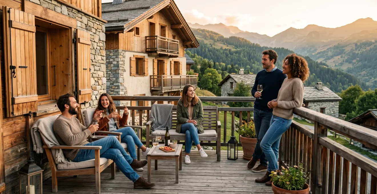 Groupe d'amis profitant de la terrasse extérieure d'une location saisonnière en fin d'après-midi