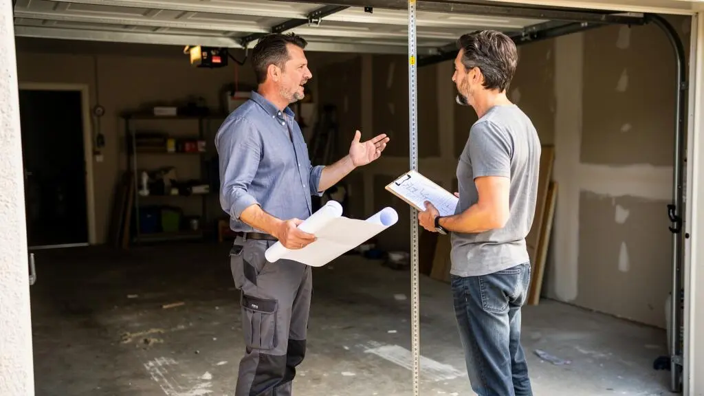 Un architecte présente un plan à un propriétaire debout dans son garage.