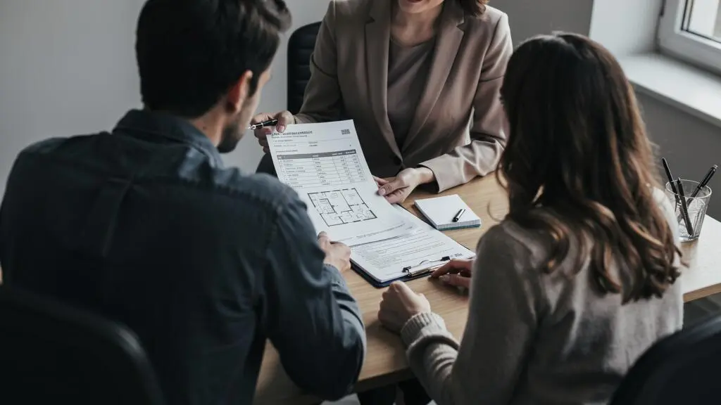 Un conseiller bancaire examine avec un couple les documents de travaux pour leur financement.