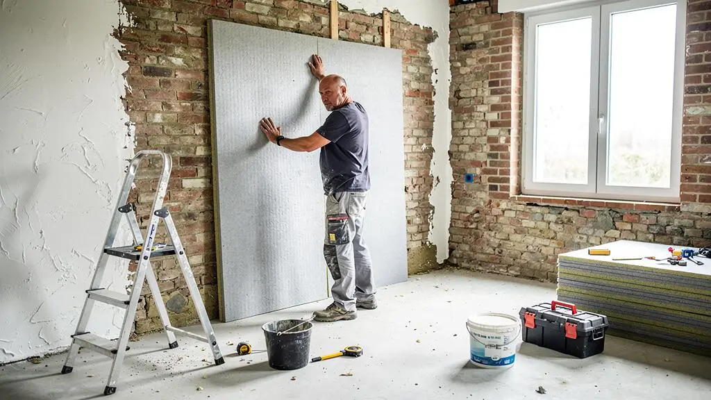 Un artisan pose des panneaux isolants dans un garage en cours de transformation en pièce habitable.